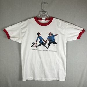 VTG 90s Curious George Ringer T-Shirt No Fire Firefighters Dad Size Large Fits M